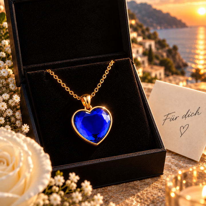 PAVELS Herz des Ozeans Halskette Gold mit blauem Herzanhänger in schwarzer Schmuckbox – Geschenkidee für sie