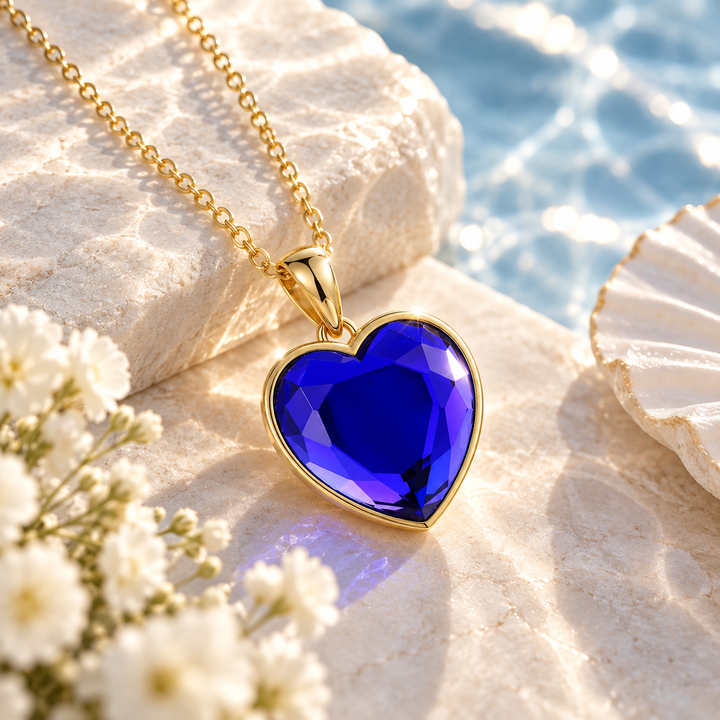 PAVELS Herz des Ozeans Halskette Gold mit tiefblauem Herzanhänger an Muschel