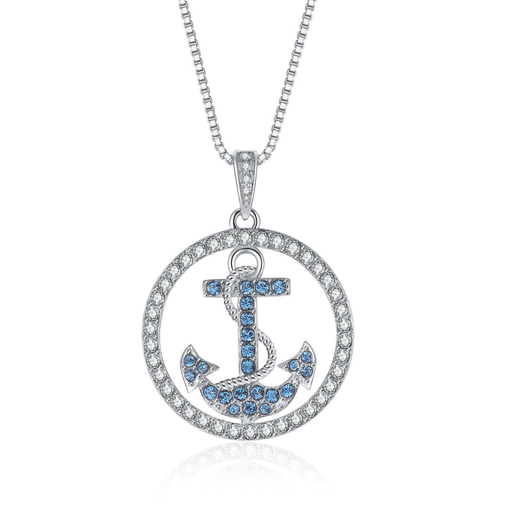 Anker Halskette aus 925er Silber mit blauen und weissen Zirkonia – eleganter maritimer Damenschmuck mit Symbolcharakter