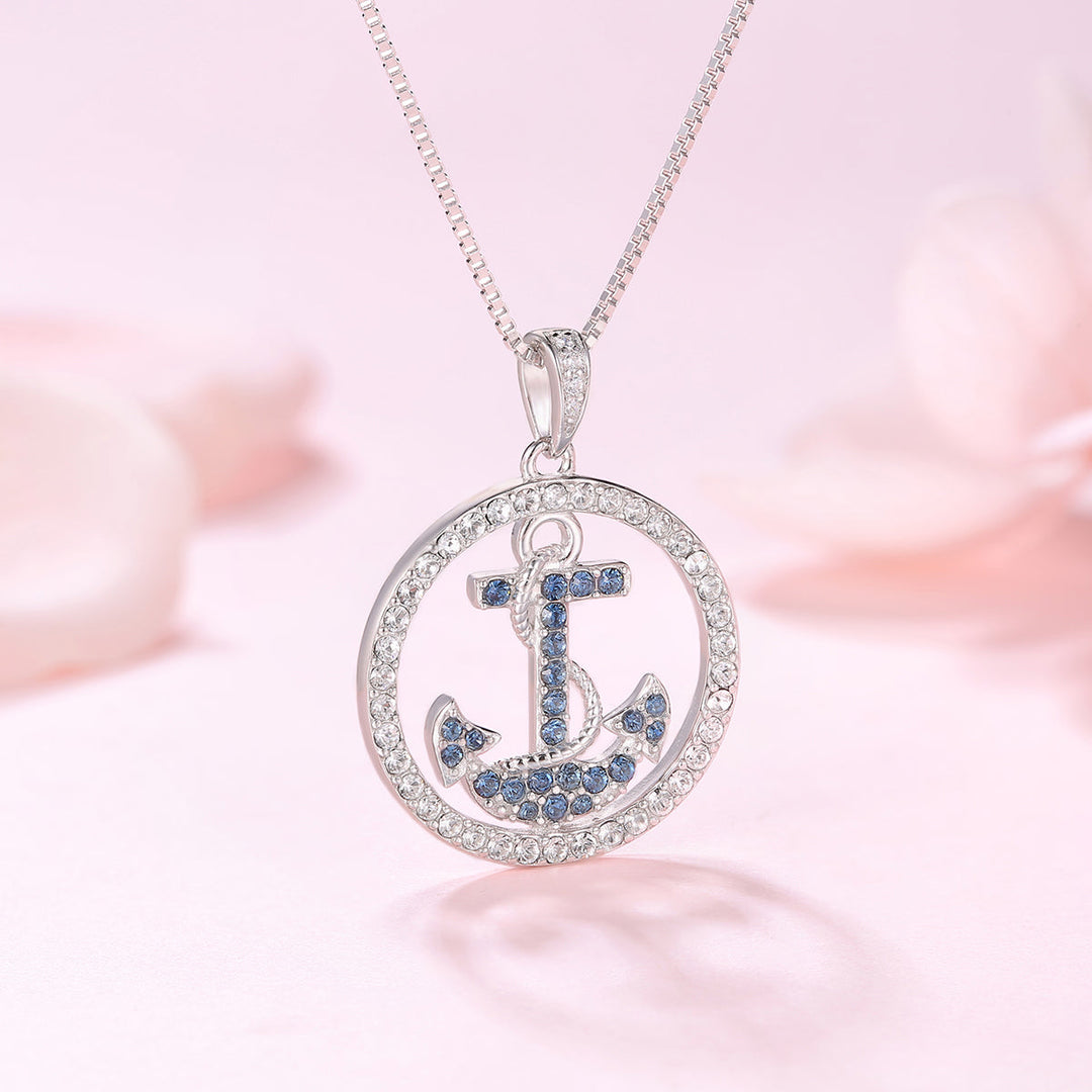 Ankerkette im Ringdesign – Anhaenger aus Sterling Silber mit blauen Zirkonia, perfekter Damenschmuck im maritimen Stil