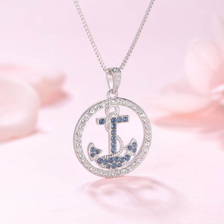 Ankerkette im Ringdesign – Anhaenger aus Sterling Silber mit blauen Zirkonia, perfekter Damenschmuck im maritimen Stil