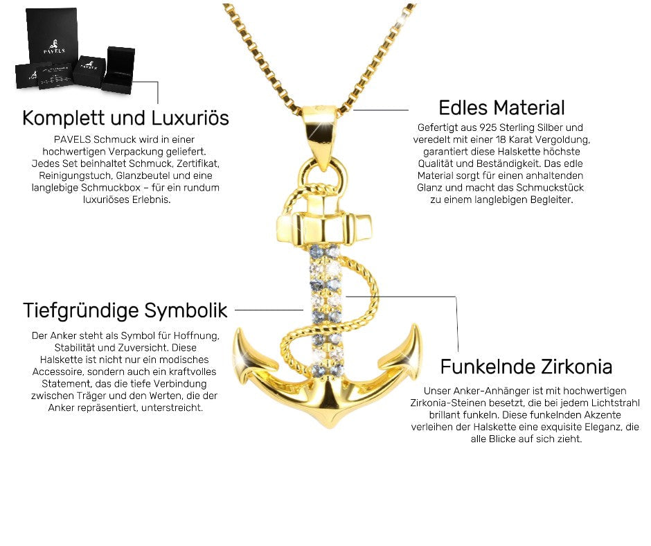 Ankerkette mit Beschreibung – goldfarbener Damenschmuck mit Massangaben und Details zur Symbolik und Verarbeitung