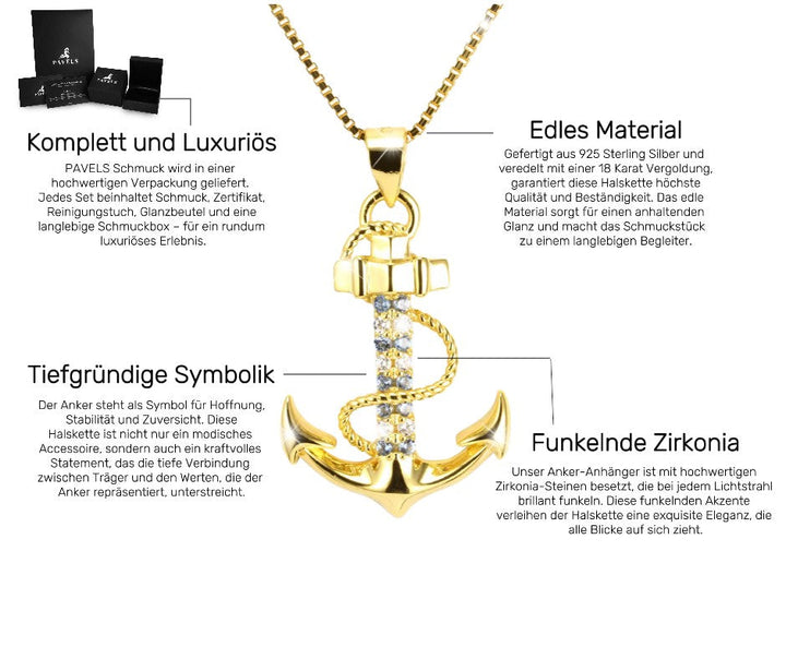 Ankerkette mit Beschreibung – goldfarbener Damenschmuck mit Massangaben und Details zur Symbolik und Verarbeitung