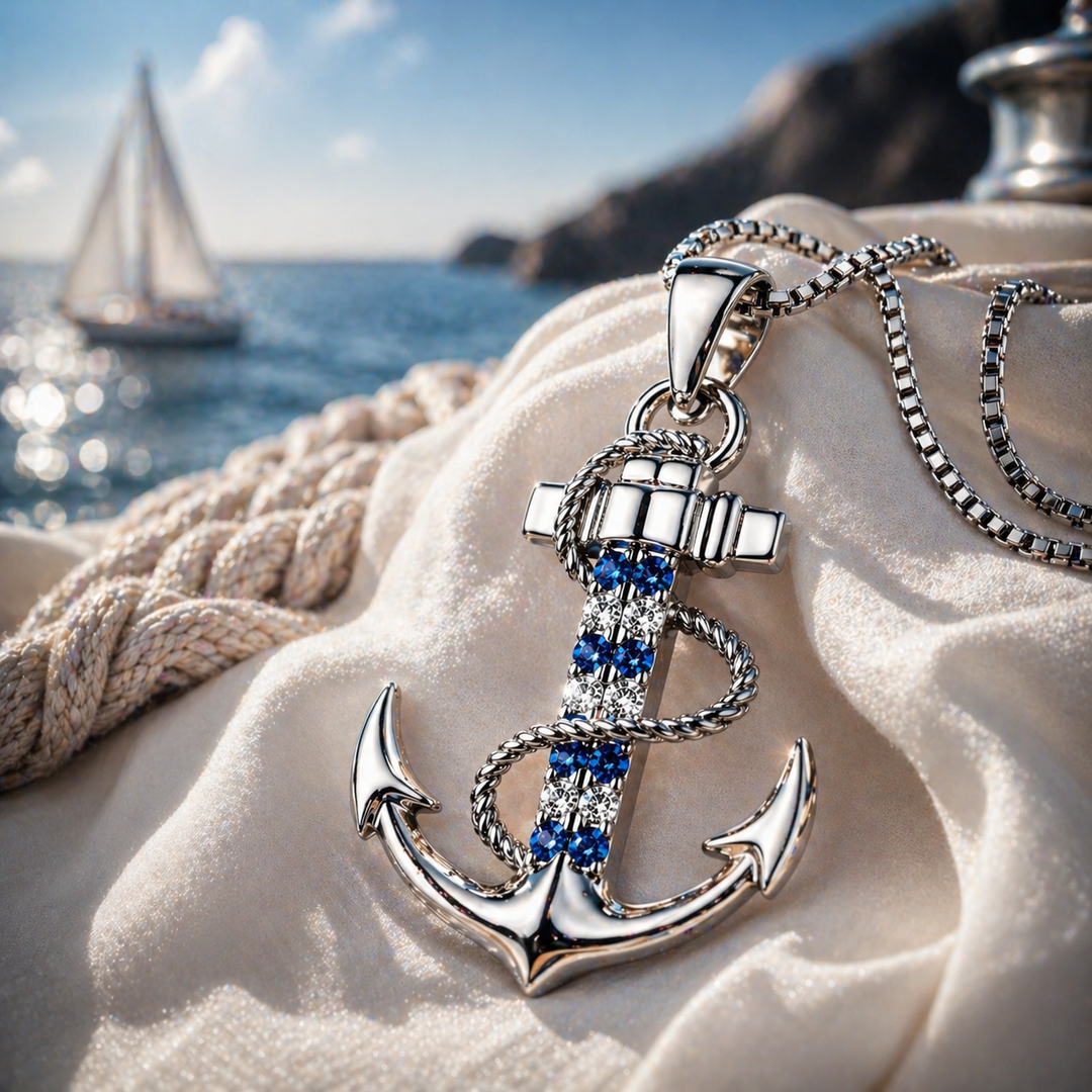 Luxuriöse Anker Halskette im maritimen Stil mit blauen und weißen Steinen auf Segelboot bei Sonnenuntergang – eleganter Schmuck von PAVELS