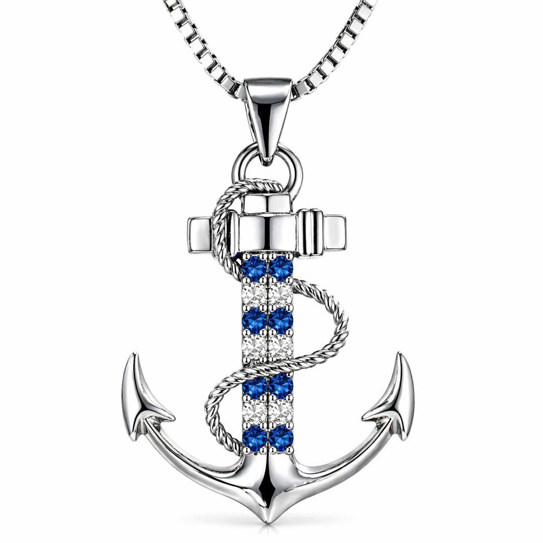 Ankerkette aus 925 Sterling Silber mit blauen Zirkonia Steinen, Herren Halskette von PAVELS auf weißem Hintergrund