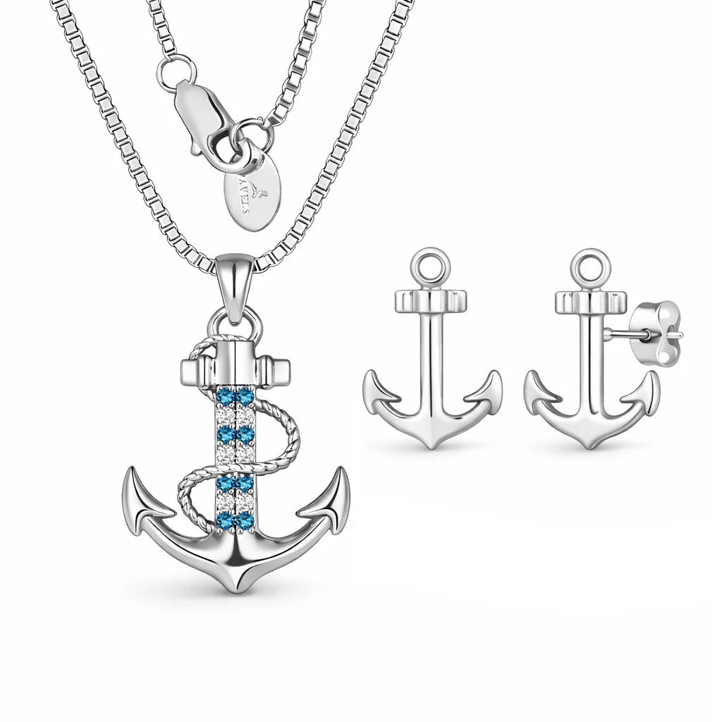 Maritimes Anker Schmuckset für Damen mit silberfarbener Halskette und Anker Ohrsteckern, verziert mit blauen und weißen Zirkonia Steinen