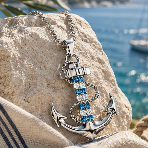 Silberner Anker-Anhänger mit blau-weißen Steinen vor mediterraner Meereskulisse.