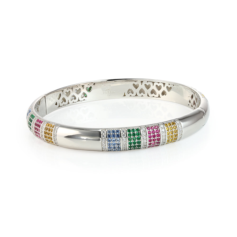 Armreif Rainbow aus 925er Sterlingsilber – komplett geschlossen, mit glänzender Oberfläche und bunten Zirkonia-Steinen