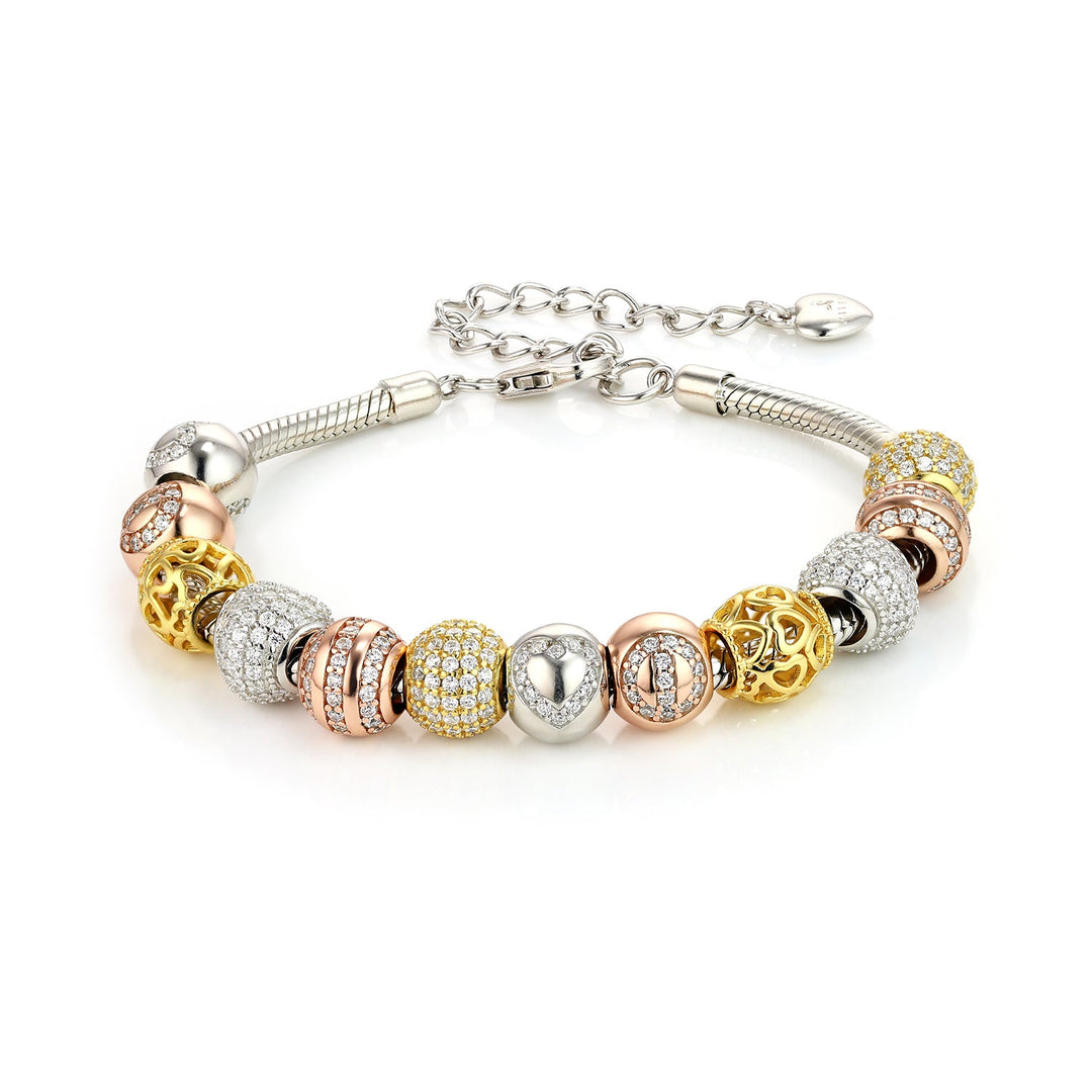 Elegantes Bettelarmband für Damen aus 925er Sterlingsilber mit goldenen, roségoldenen und silbernen Beads, verziert mit funkelnden 5A Zirkonia – hochwertiger Armschmuck für jeden Anlass.