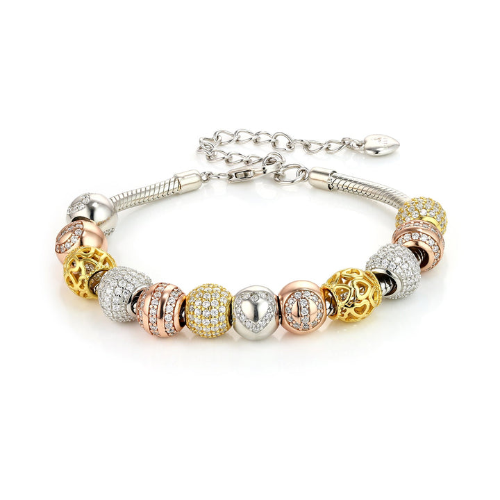 Elegantes Bettelarmband für Damen aus 925er Sterlingsilber mit goldenen, roségoldenen und silbernen Beads, verziert mit funkelnden 5A Zirkonia – hochwertiger Armschmuck für jeden Anlass.