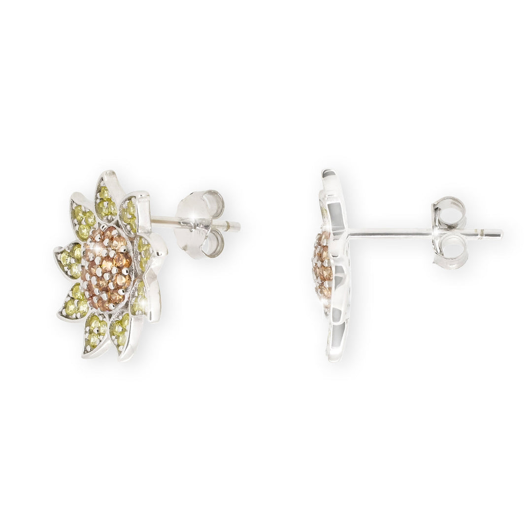 Seitliche Ansicht der Sonnenblumen-Ohrstecker aus 925 Sterling Silber mit funkelnden Zirkonia – edle Ohrringe für Damen