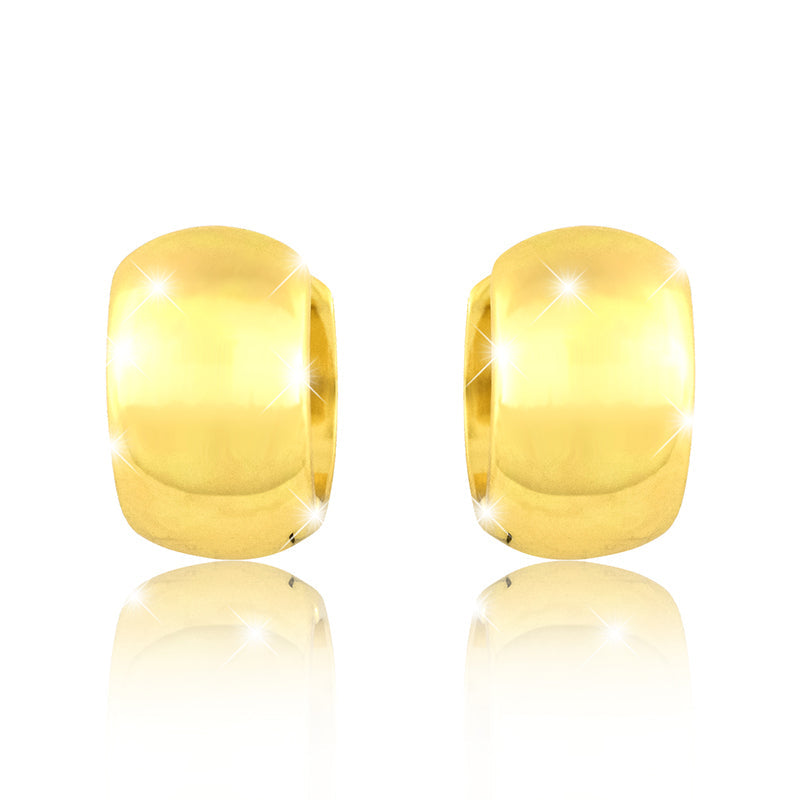 Creole Bright Gold – glänzende, breite goldene Creolen aus 925 Sterling Silber mit hochwertiger Vergoldung, zeitloses Design für Damen, Vorderansicht auf weißem Hintergrund.