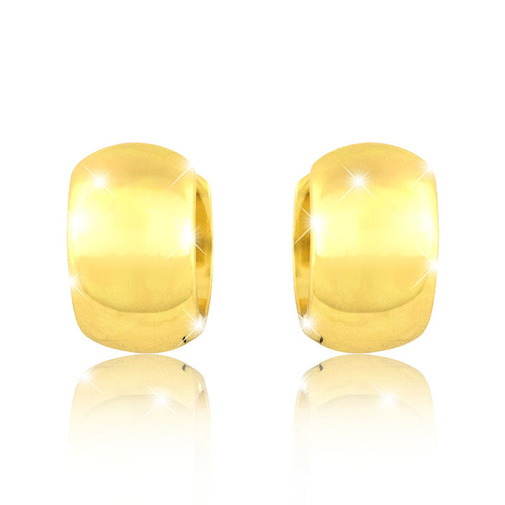 Creole Bright Gold – glänzende, breite goldene Creolen aus 925 Sterling Silber mit hochwertiger Vergoldung, zeitloses Design für Damen, Vorderansicht auf weißem Hintergrund.