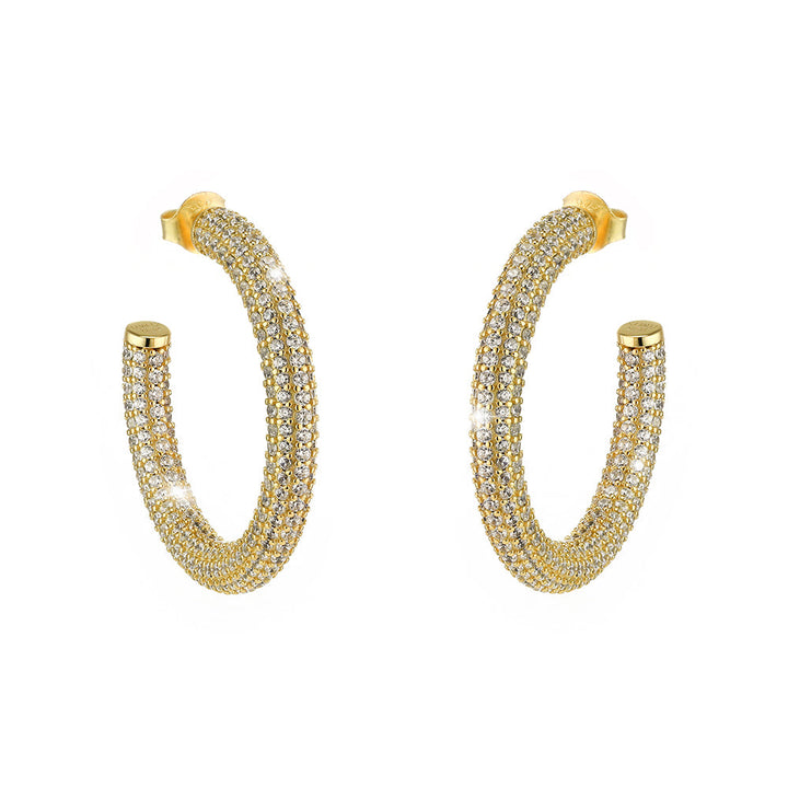 Titelbild der eleganten Creolen Bonny in Gold mit funkelnden Zirkonia – vergoldete Hoop-Ohrringe aus 925 Sterling Silber für Damen.