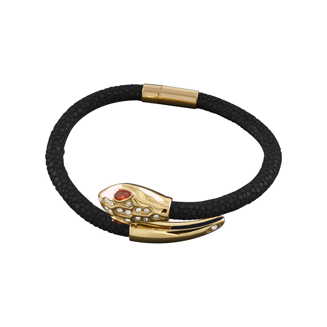 Elegantes Damen-Lederarmband in Schwarz mit Snake-Design, 925er Sterlingsilber, 18K Vergoldung und funkelnden 5A Zirkonia – moderner Luxusschmuck.