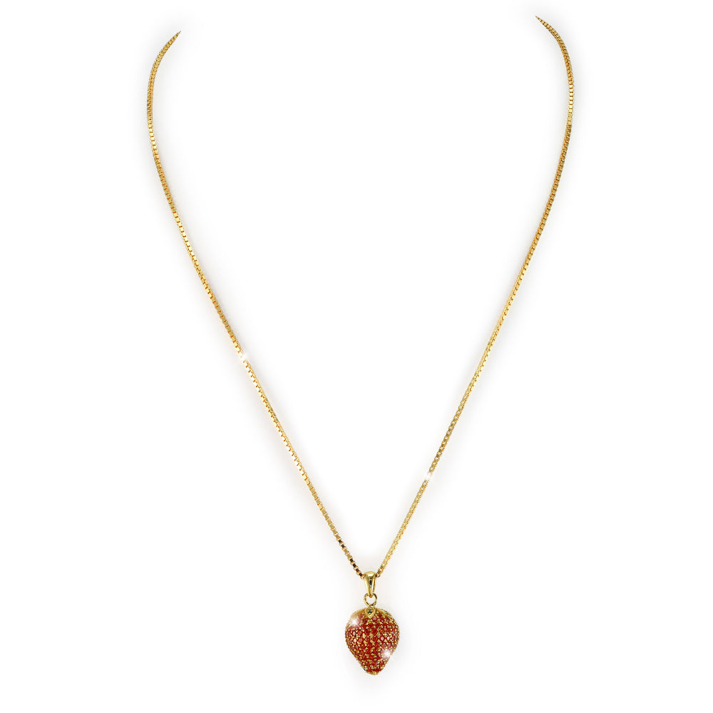 Elegante Damen Halskette in Gold mit rotem Erdbeer-Anhänger und Zirkonia – perfekter Modeschmuck für den Sommer