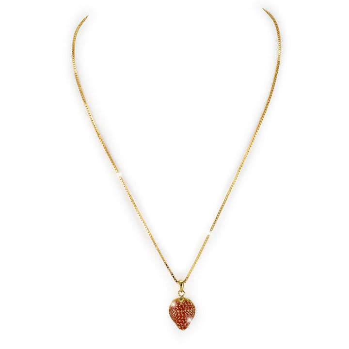 Elegante Damen Halskette in Gold mit rotem Erdbeer-Anhänger und Zirkonia – perfekter Modeschmuck für den Sommer