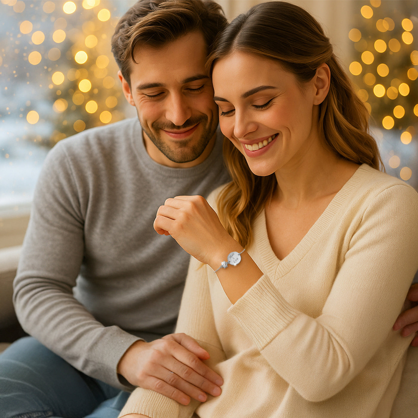 Liebevolles Paar bewundert ein personalisiertes Gravur-Armband mit Botschaft. Perfekt für emotionale Weihnachtsmomente – Schmuck mit individueller Note und Herz.