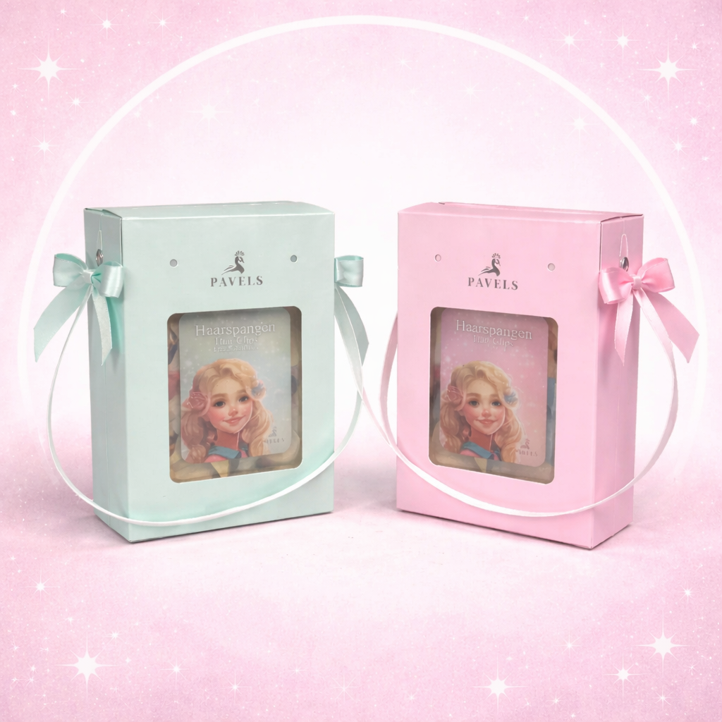 Pastellfarbene Verpackung für ein Haarspangen Set für Mädchen in Rosa und Mint mit Schleifen und Sichtfenster