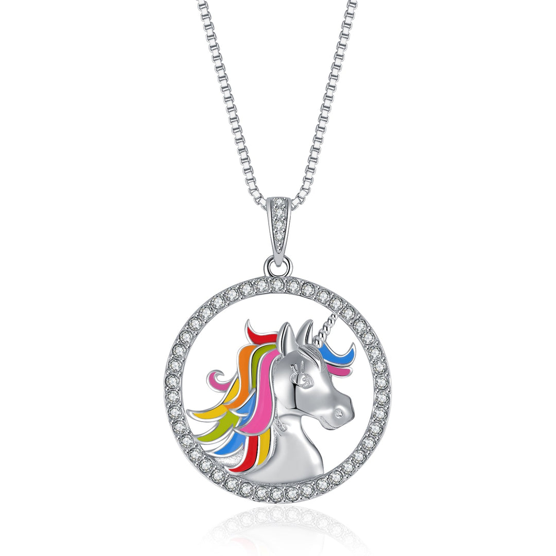 Elegante Halskette mit Einhornkopf aus 925 Sterling Silber – bunter Anhänger mit weißen Zirkonia für Damen – verspielter und hochwertiger Schmuck