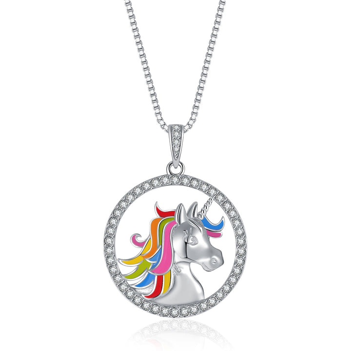 Elegante Halskette mit Einhornkopf aus 925 Sterling Silber – bunter Anhänger mit weißen Zirkonia für Damen – verspielter und hochwertiger Schmuck