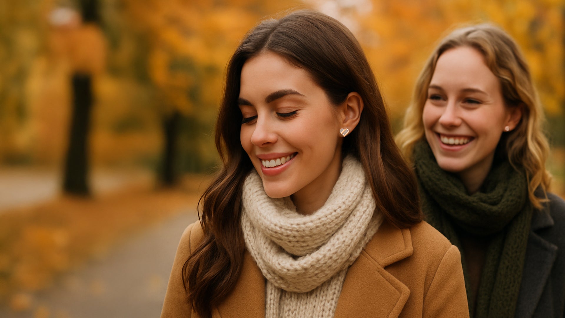 Zwei junge Freundinnen lachen bei einem Spaziergang im herbstlichen Park und tragen stilvolle Ohrringe. Pavels.de Herbstaktion: 10% Rabatt auf Schmuck mit Gutscheincode HERBST2025.