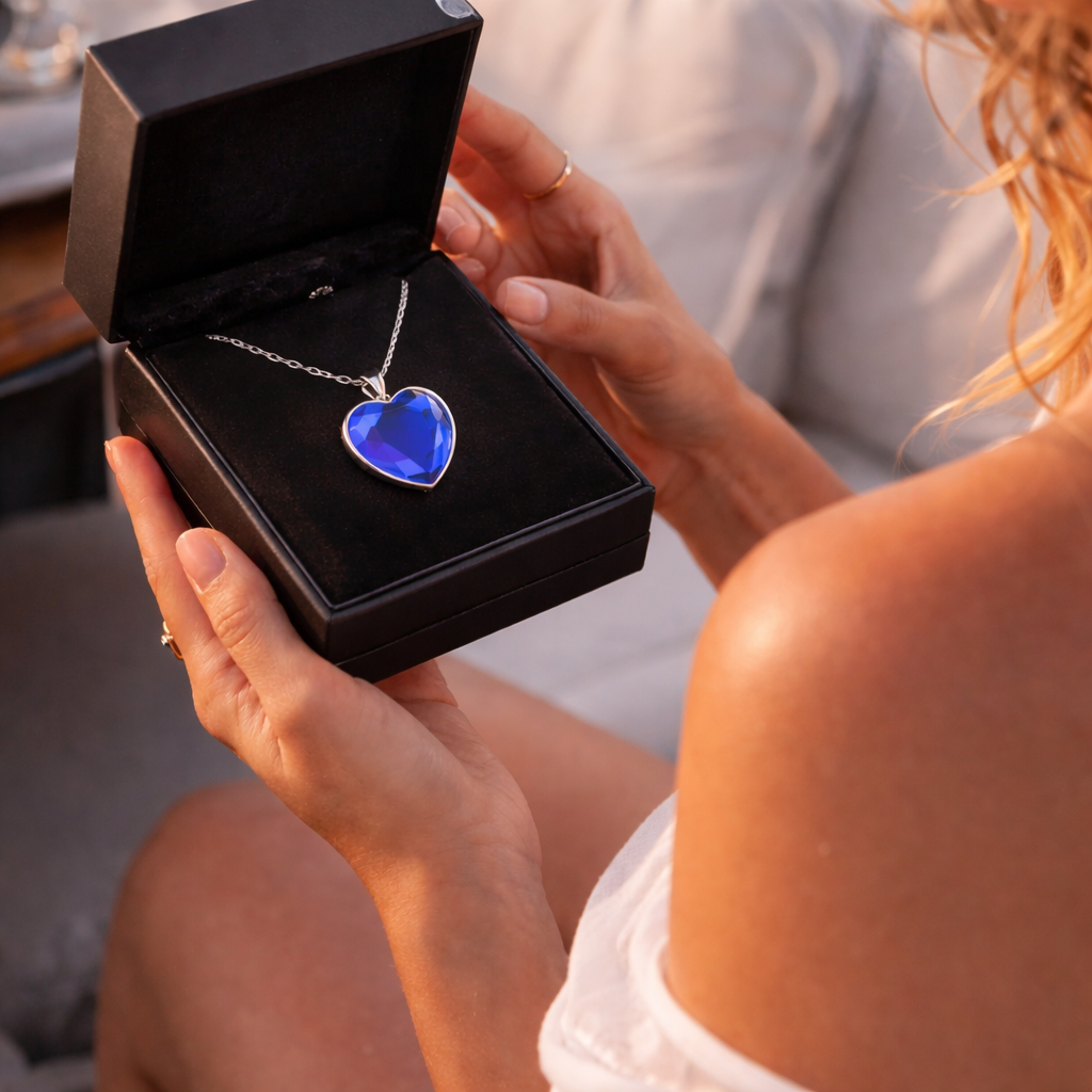 Frau hält Geschenkbox mit blauer Herz-Halskette „Herz des Ozeans“ in den Händen