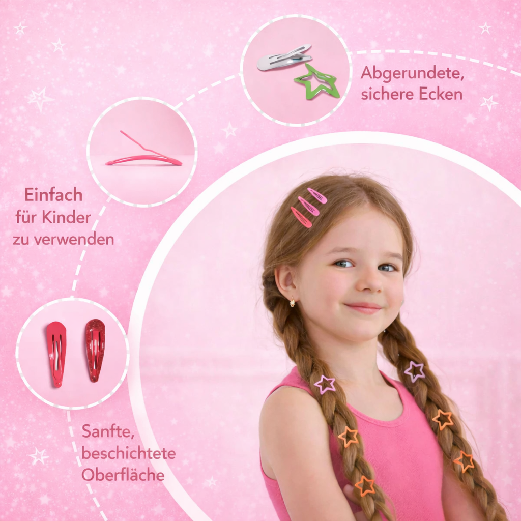 Kinder Haarspangen für Mädchen mit abgerundeten sicheren Ecken, sanfter beschichteter Oberfläche und einfacher Anwendung im Haar