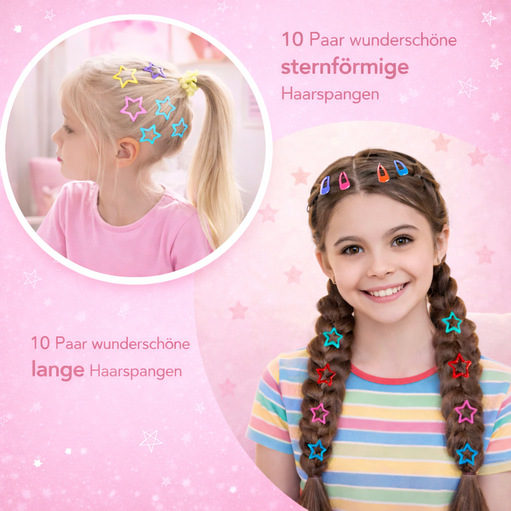 Buntes Kinder Haarspangen Set mit sternförmigen und langen Haarspangen für Mädchen als verspielter Haarschmuck