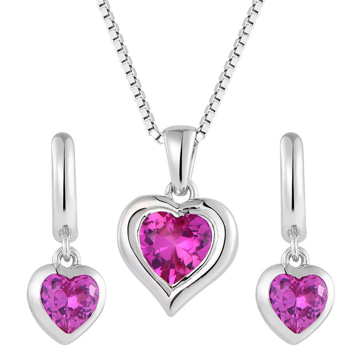Kinderschmuck Set für Mädchen aus 925 Silber mit pinkem Herz Zirkonia – Halskette und Ohrringe – ideales Geschenk zur Einschulung, Kommunion oder Geburtstag