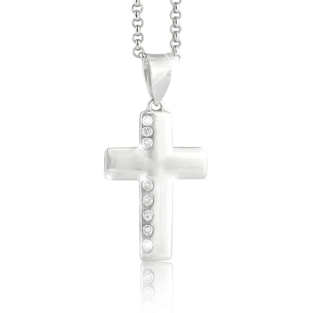 Moderne Kreuzkette aus 925er Sterlingsilber mit funkelnden Zirkonia – stilvoller christlicher Damenschmuck als Geschenk.