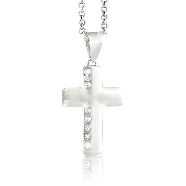 Moderne Kreuzkette aus 925er Sterlingsilber mit funkelnden Zirkonia – stilvoller christlicher Damenschmuck als Geschenk.