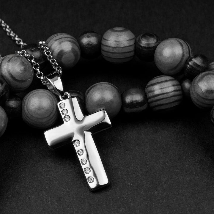 Kreuzkette Silber mit Zirkonia und natürlichen Holzperlen – symbolträchtiger, hochwertiger Schmuck für Damen und Herren.