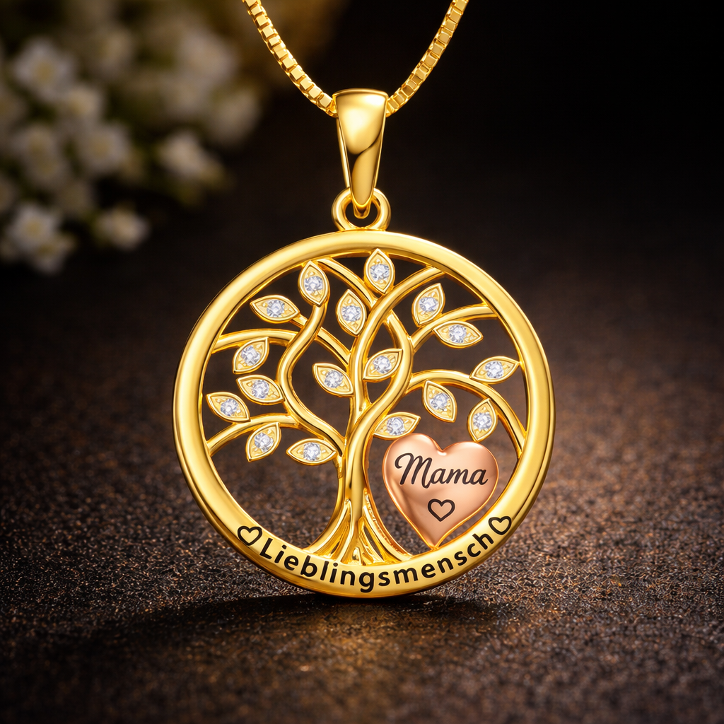 Geschenk für Mama, goldene Lebensbaum Halskette mit Herz Anhänger, Zirkonia Steinen und Gravur Lieblingsmensch