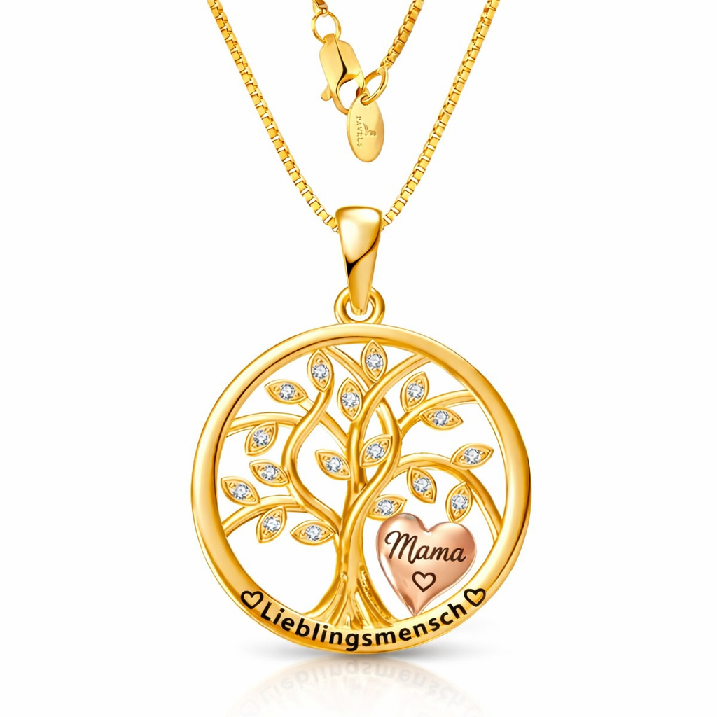 Goldfarbene Lebensbaum Halskette mit Herz Anhänger „Mama“ und Gravur „Lieblingsmensch“, verziert mit funkelnden Zirkonia Steinen