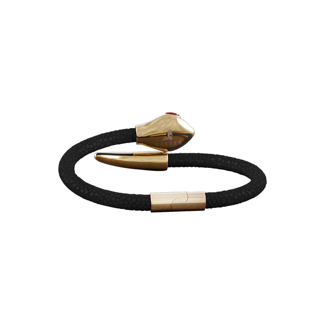Hochwertiges Damenarmband aus schwarzem Leder im Snake-Look mit vergoldetem 925er Silber und Zirkonia – stilvoller Goldschmuck für jeden Anlass.
