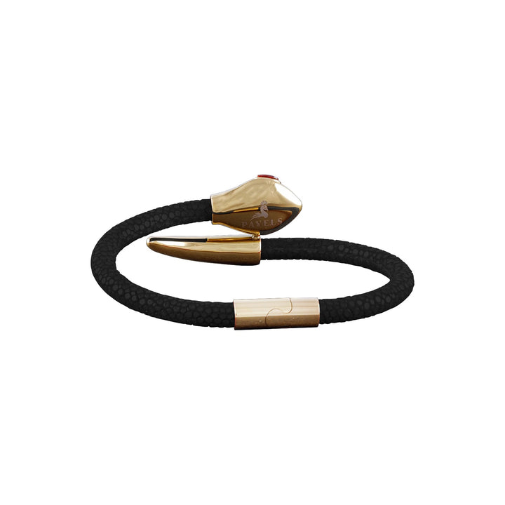 Hochwertiges Damenarmband aus schwarzem Leder im Snake-Look mit vergoldetem 925er Silber und Zirkonia – stilvoller Goldschmuck für jeden Anlass.