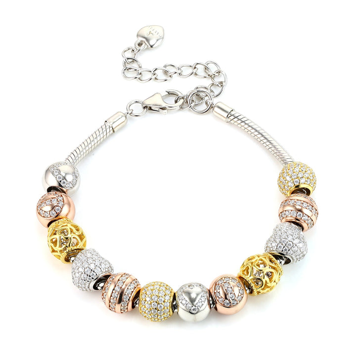 Luxus Bettelarmband für Damen mit filigranen Beads in Silber, Gold und Roségold – aus 925er Sterlingsilber mit Zirkonia besetzt, perfekt als edle Geschenkidee für Schmuckliebhaberinnen.