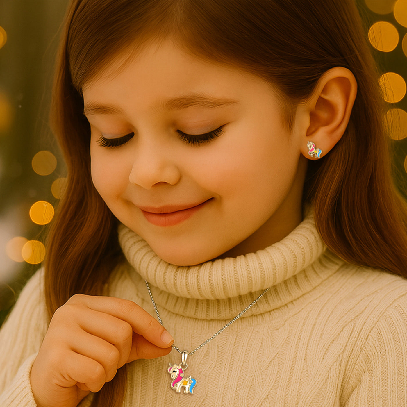 Wunderschönes Weihnachtsfoto eines Mädchens mit funkelnder Einhorn-Kette und passenden Ohrringen. Perfekt, um liebevollen Kinderschmuck als besondere Geschenkidee zu Weihnachten hervorzuheben – warm, festlich und voller Magie.