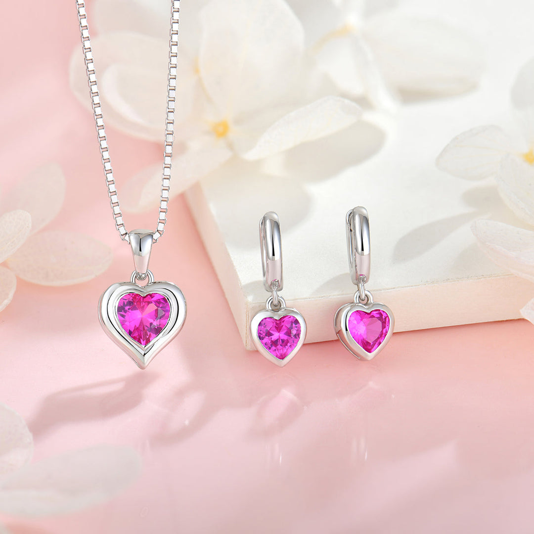 Schmuckset für Mädchen mit Herz-Anhänger – Halskette und Ohrringe aus 925 Silber mit pinkem Zirkonia – liebevoller Kinderschmuck