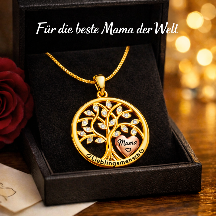 Goldene Lebensbaum Kette mit Herz Anhänger „Mama“ und Gravur „Lieblingsmensch“ in schwarzer Geschenkbox als Geschenk für Muttertag