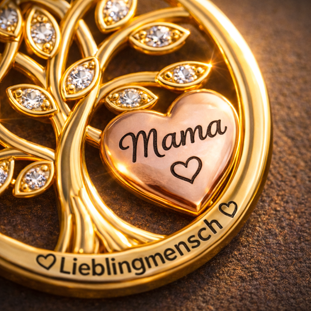 Detailaufnahme einer goldenen Lebensbaum Kette mit Herz Anhänger „Mama“, Gravur „Lieblingsmensch“ und funkelnden Zirkonia Steine