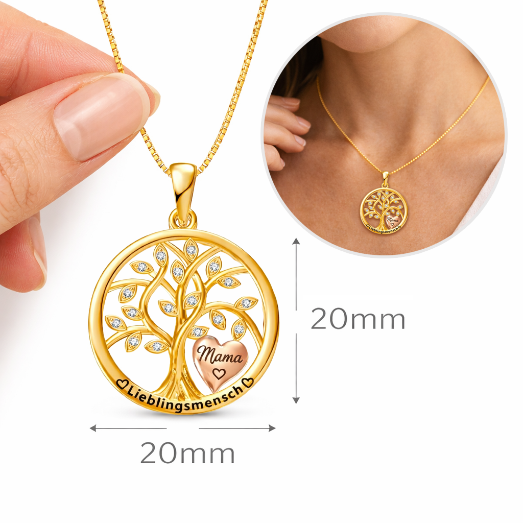 Goldene Lebensbaum Kette mit Herz Anhänger „Mama“ und Gravur „Lieblingsmensch“ in der Größenansicht mit 20 mm Anhänger