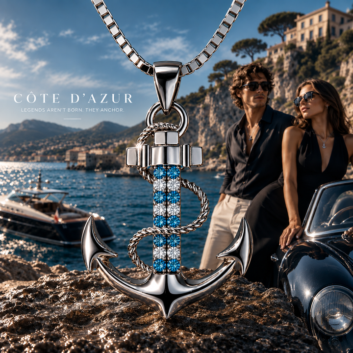 PAVELS Ankerkette in Silber mit blau-weißen Zirkonia – luxuriöser maritimer Damenschmuck inspiriert von der Côte d’Azur