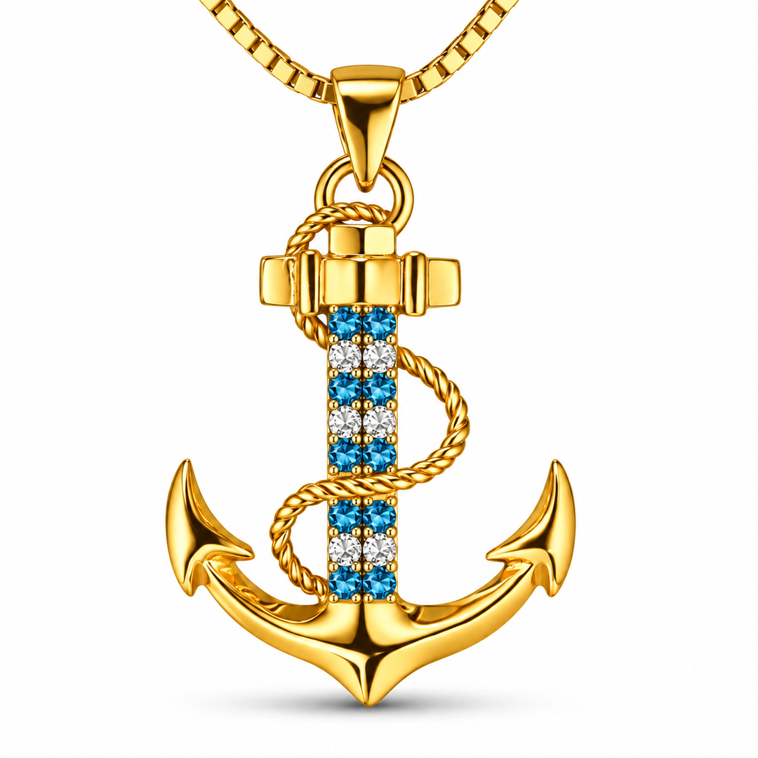 PAVELS Ankerkette Gold für Damen mit Anker Anhänger und blau-weißen Zirkonia-Steinen – eleganter maritimer Schmuck