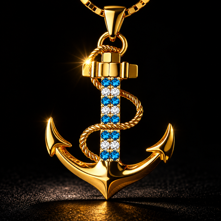 Funkelnde PAVELS Ankerkette Gold mit blau-weißen Zirkonia-Steinen – luxuriöse maritime Eleganz für Damen