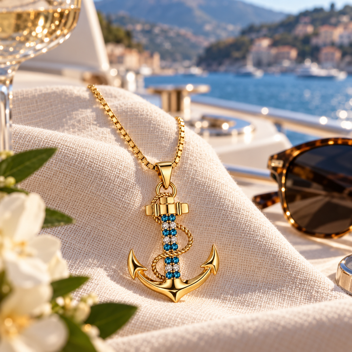 Goldene PAVELS Ankerkette mit blau-weißen Zirkonia auf einer Yacht – maritimer Damenschmuck mit Côte-d’Azur-Flair