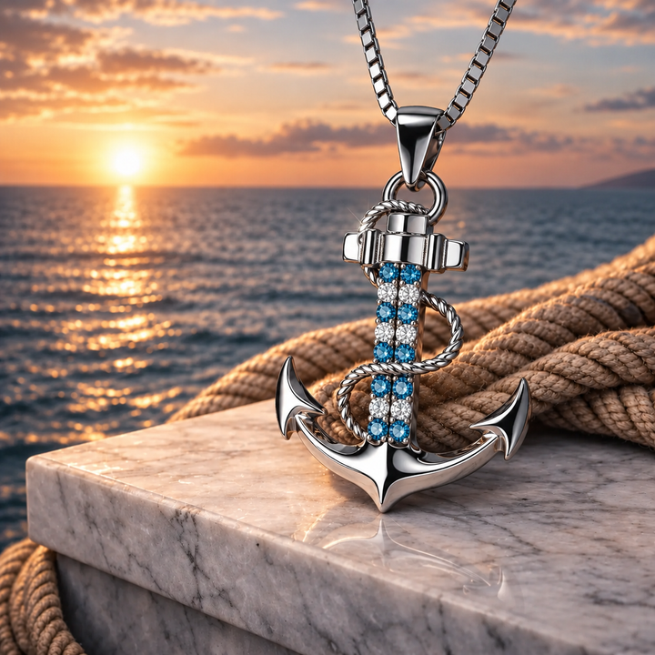 Silberne PAVELS Ankerkette mit funkelnden Zirkonia-Steinen vor dem Meer bei Sonnenuntergang – maritime Eleganz und Côte-d’Azur-Flair
