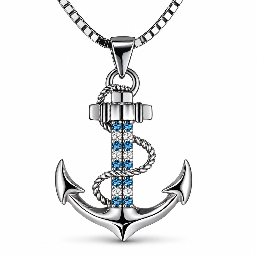 PAVELS Ankerkette Silber mit Anker Anhänger und blau-weißen Zirkonia-Steinen – elegante maritime Halskette für Damen