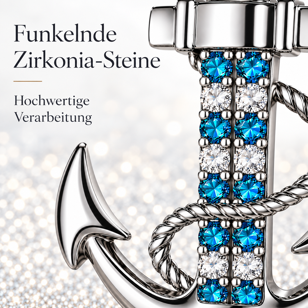 Detail der PAVELS Ankerkette mit funkelnden blauen und weißen Zirkonia-Steinen – hochwertig verarbeiteter maritimer Schmuck